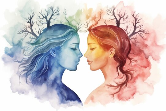 Bipolar disorder as a surreal watercolor amalgamation of seasons, an artistic representation of change. Mental health.