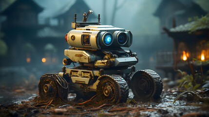 A broken cleaning robot with four wheels and two lights on its head, in the mud of an abandoned village at night, sci-fi concept wallpaper