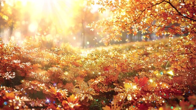 Bask in the tranquil beauty of an autumn forest bathed in sunlight during the day, featured in this mesmerizing 4k looping video background.