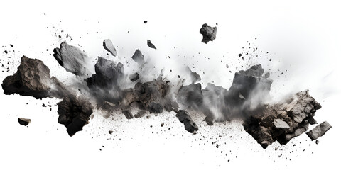 Dirt explosion with debris flying on white backdrop with a big empty space for text or product