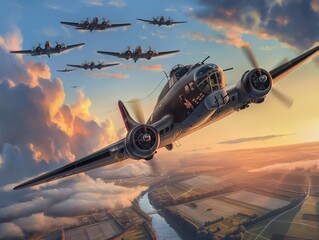 A painting of a group of planes flying in formation. The planes are in the air and the sky is cloudy. The painting has a sense of action and excitement - obrazy, fototapety, plakaty