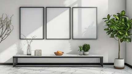 Black border mockup frame, marble white wall, home interior, 3D render