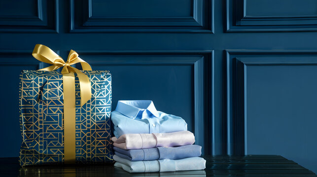 Luxurious gift beside a neatly stacked set of expensive men's dress shirts set against a blue background. Father's Day, birthdays, or anniversaries concept, copy space, web banner