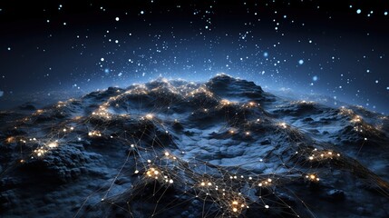 The visualization of a network over mountainous peaks lit by star-like points suggests themes of natural and digital integration, ideal for concepts on ecology - obrazy, fototapety, plakaty