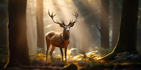 A deer walking through forest with sunlight streaming