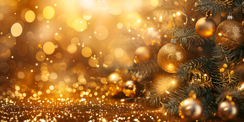 Obraz na płótnie Canvas Christmas Tree With gold Baubles close-up against backdrop of golden sparkling Christmas lights. Wide format banner.. generative ai 