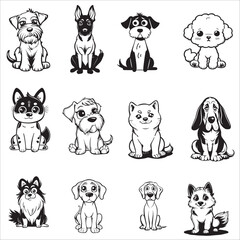 Obraz premium black and white Dog Breeds Cartoon vector illustration Set