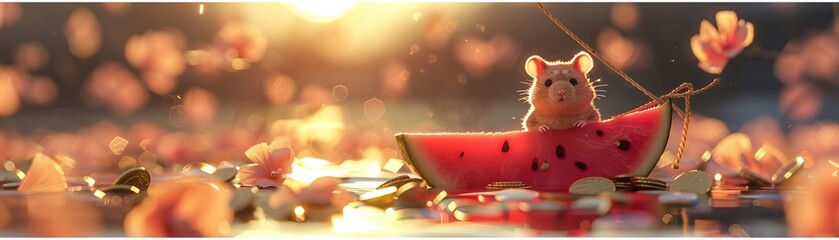 A hamster on a boat made of watermelon floating in a sea of coins, twilight ambiance, aerial shot , high detailed - obrazy, fototapety, plakaty