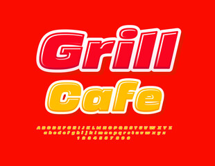 Vector advertisement poster Grill Cafe. Creative Font. Glossy Alphabet Letters, Numbers and Symbols.
