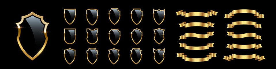 Black shields with golden frame and ribbons vector set for emblem, logo, badge, label. Royal medieval military armor collection isolated on black background. War trophy, heraldic symbol - obrazy, fototapety, plakaty