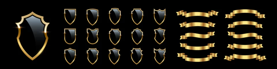 Poster Black shields with golden frame and ribbons vector set for emblem, logo, badge, label. Royal medieval military armor collection isolated on black background. War trophy, heraldic symbol © backup16