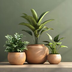 Assorted Potted Plants on Wooden Shelf for Minimalist Home or Office Decor