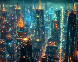 Fototapeta premium Bustling Digital Metropolis Powered by Advanced Algorithms and Machine Learning Shines Brightly in the Night Sky