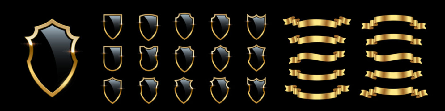 Naklejki Black shields with golden frame and ribbons vector set for emblem, logo, badge, label. Royal medieval military armor collection isolated on black background. War trophy, heraldic symbol