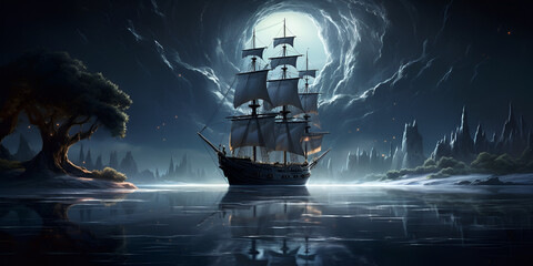 A sailing warship sails along the lunar path at night on a calm ocean. Full moon, silence, peace. Retro sailboat