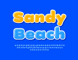 Vector travel banner Poster Sandy Beach. Glossy Blue Font. Artistic Alphabet Letters and Numbers set.