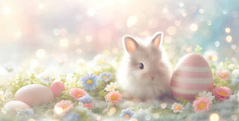 Naklejka na ściany i meble Easter cute bunny with eggs and diamonds crystal flowers pastel