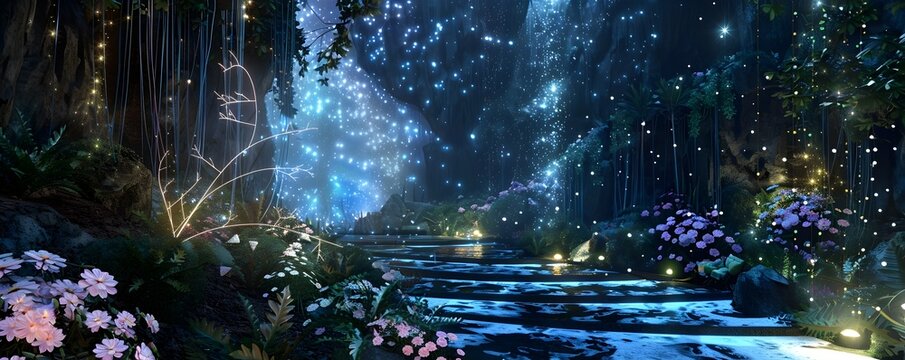 Enchanting Moonlit Forest Glade with Shimmering Waterfall and Glowing Flowers