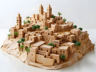 Intricate Miniature Middle Eastern Desert Village Crafted with Terracotta Clay Capturing the Essence of Traditional Architecture and Charming Oasis