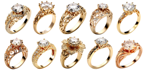 Set of beautiful gold engagement rings with diamonds, cut out