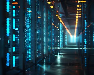 Rows of Glowing High Tech Data Servers Powering the Digital Backbone of Our Connected World