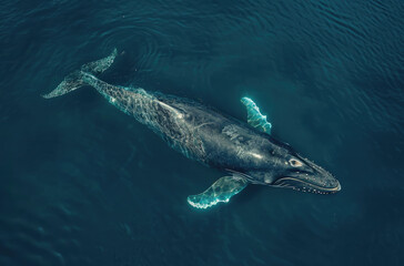 A blue whale swimming in the deep sea