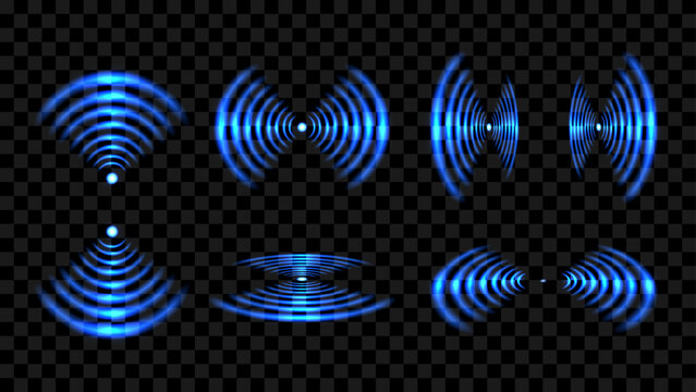 Round glowing light Wi-Fi effect and Sonar sound waves set. WiFi concentric circles and RFID Radio Frequency Identification signal. Water ripples with circular waves and echo of glowing signal. Vector