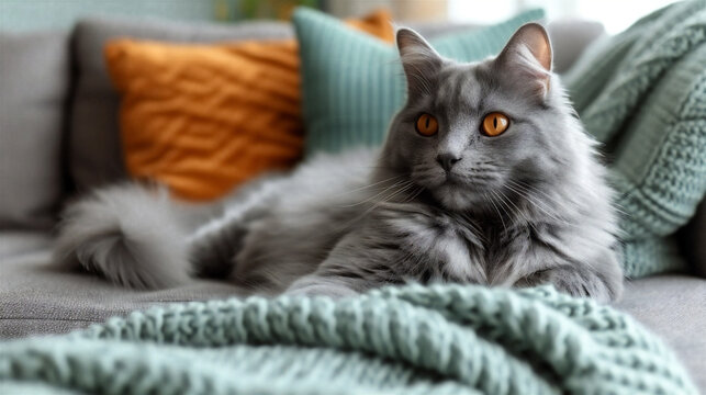 Gray fluffy cat with orange eyes lying on sofa with knitted pillows and blanket. . High quality photo