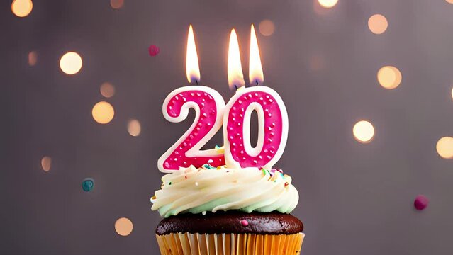 Timlapse with fast sequence of birthday cupcake. Twenty years celbration. 20 Happy birthday animation. Twentieth anniversary
