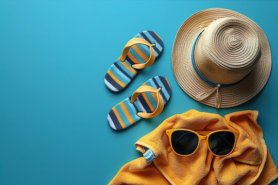 yellow beach accessories on turquoise blue background - sunglasses, towel. flip-flops and striped hat. summer is coming