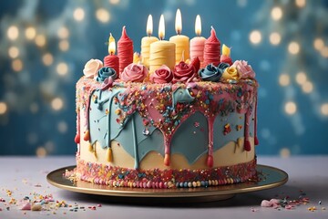 Celebrate joy with our delectable birthday cake. Colorful frosting, vibrant sprinkles, sparkling candles. Perfect for cherished memories! - obrazy, fototapety, plakaty