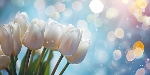 White tulips with bokeh spring panorama