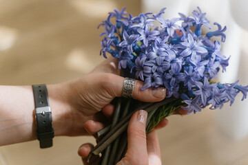A bouquet of field blue flowers in the hands of a girl. Mouse hyacinth.