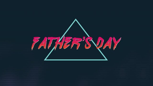 A vibrant triangular image with neon pink and blue lettering saying Fathers Day on a black background. It symbolizes the celebration of this special day honoring fathers