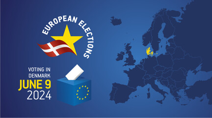 European elections June 9, 2024. Voting Day 2024 Elections in Denmark. EU Elections 2024. Danish flag EU stars with European flag, map, ballot box and ballot on blue background