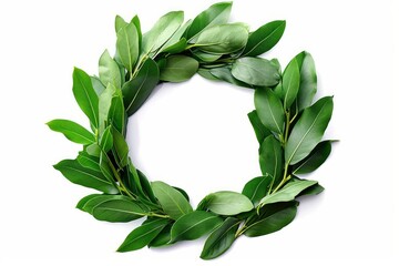 An isolated laurel wreath created from fresh branches of bay leaves, displayed on a white background and equipped with a clipping path, Generative AI  - obrazy, fototapety, plakaty