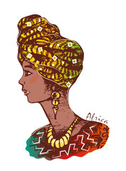 Portrait of a girl in an African outfit. A beautiful African woman in a colorful turban and with decorations in her ears and neck. Sketch. Vector illustration.eps