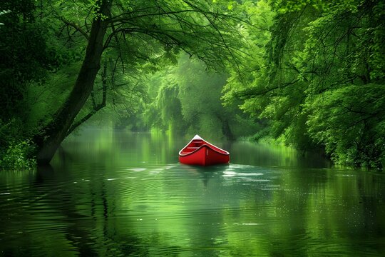 Red canoe kayak in a peaceful green forest river slow life scene