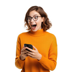 woman dressed in an orange sweater is amazed while using at her phone