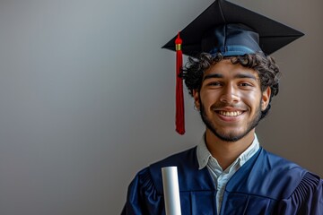 Smiling graduate with diploma, black attire and red tassel