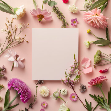 A square blank card surrounded by pastel colored flowers on a light pink background in a top view 