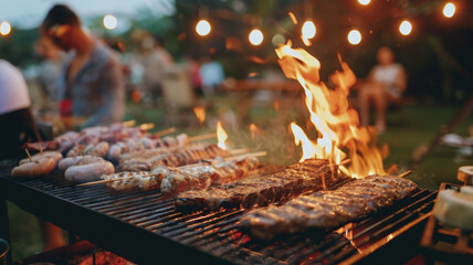 Barbecue party with people in the background, grilled steak, grilled meat and sausages, summer party, barbecue in the garden, people having fun, family and friends, bbq - 771472547