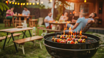 Delicious shashlik skewers with meat and vegetables on a charcoal grill outdoors - 771472582