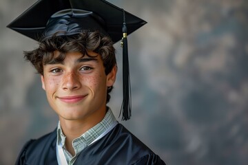 Handsome young graduate with freckles in cap and gown - obrazy, fototapety, plakaty