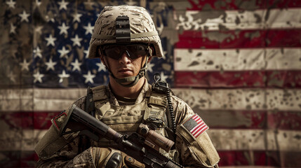 Marine Corps soldier in full gear, an embodiment of military strength and service, set before the American flag.