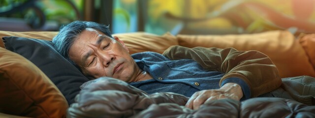 Fototapeta premium Asian man take a nap on sofa with snore take nap daydreaming in living rooms snoring Healthcare medical Sleep health man sleep at home Dream rest tired father dad day Sleep Apnea Sdb resting at