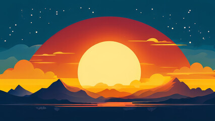 a flat illustration of sunset in the mountains - obrazy, fototapety, plakaty