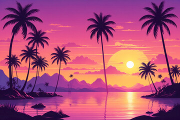 Fototapeta na wymiar Tropical sunset serenity with silhouetted palm trees