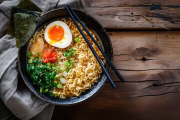 Ramen noodle soup with shrimps and egg on wooden background