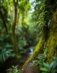 Dense green mossy rain forest trees as background. 